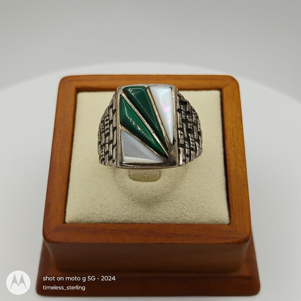 VTG Southwestern SS Mother of Pearl and Malachite Brick Ring Size 12.5